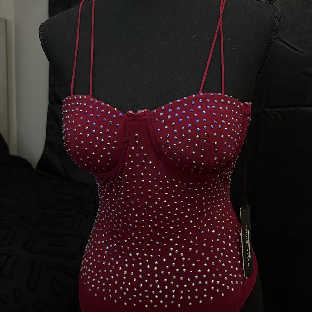 Haute Monde Burgundy Rhinestone Bodysuit